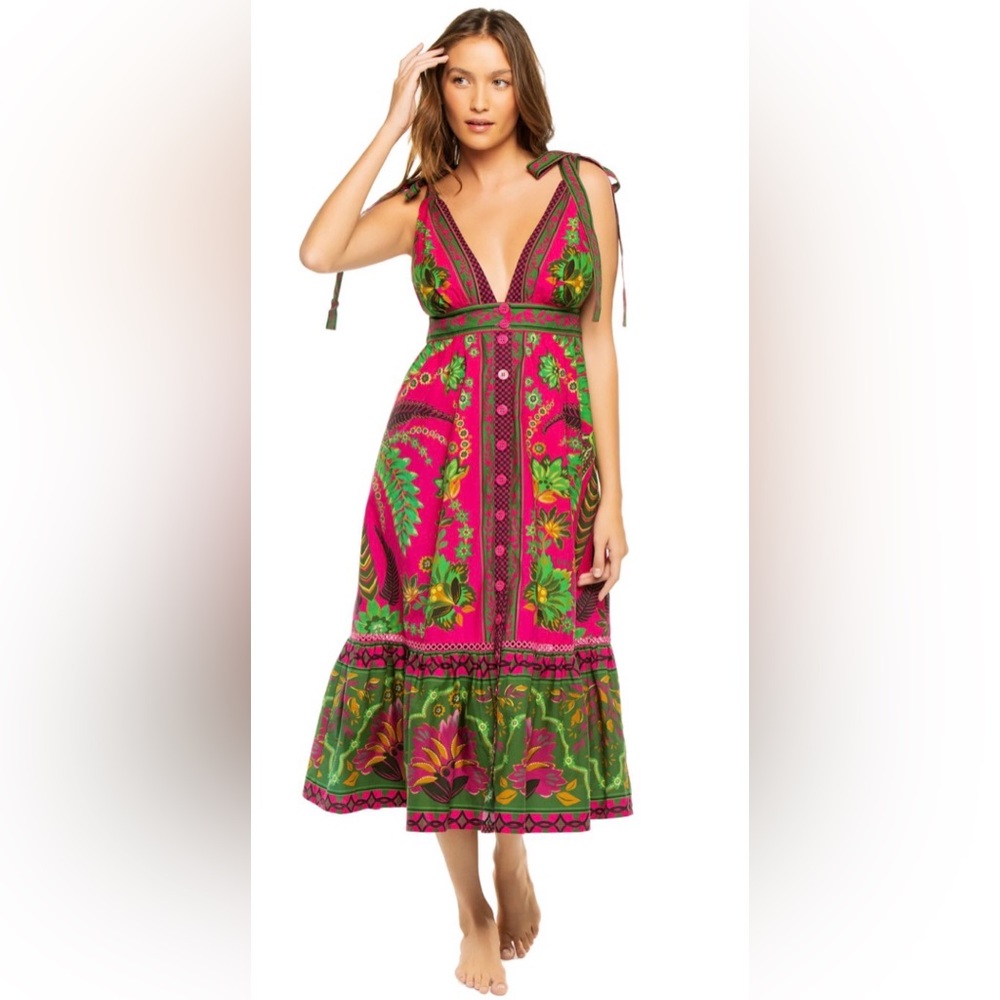 🌺 Farm Rio Ana Tapestry Sleeveless Dress, NWT, pink green bold summer midi dress